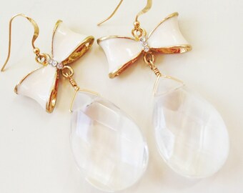 Crystal Quartz Earrings - Bow Jewelry - White Jewellery - Wedding - Bride - Dangle - Fashion - Style - Teardrop
