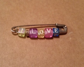 I LOVE Safety Pin Solidarity Statement with Rhinestone Spacer