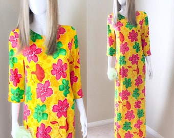 Bright Flower Power Mod Maxi 60's Floral Maxi Dress, Tropical Print Yellow Dress, Silky Jersey Long Dress- size s-m