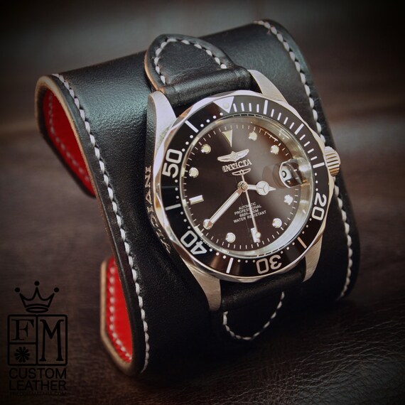 Black Leather cuff watch INVICTA diver watch 2.25" wide Black leather- Red calf lined Custom made for YOU in USA by Freddie Matara