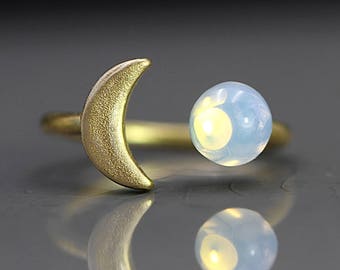 Crescent Moon Ring with genuine vintage opal stone. Hand patinated gold. Fully adjustable. Stackable. Dainty gold ring. Gift for her.