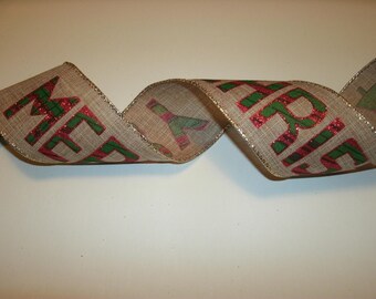 5 yds of Holiday Merry Christmas Ribbon, Holiday Ribbon, Christmas Ribbon, Seasonal Ribbon, Wired Edge Ribbon, Tree Ribbon, Craft Ribbon,