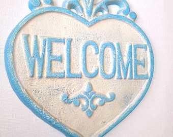 WELCOME Heart sign, Cast Iron WELCOME sign, Home Decor, Welcome Plaque, Housewarming Gift, Heart Plaque, Hand Painted
