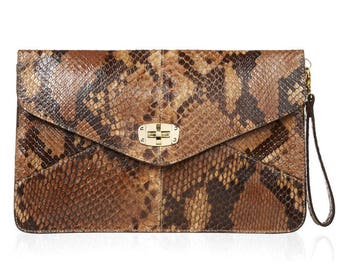 Genuine Python Envelope Clutch in Caramel