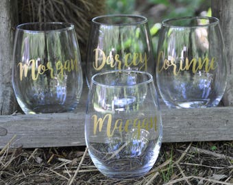 7 Custom Wine Glass, Personalized, Stemless Wine Glass, Bridesmaid Gifts, Bachelorette Party, Birthday Wine Glasses, Custom Wine Glasses