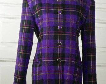 1980s Plaid Blazer, Purple Black Gold Burgundy Tartan Wool-Blend Long Jacket, Made in Finland: Size 12 US, 16 UK