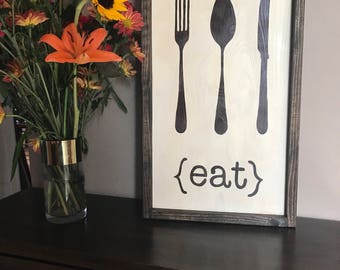 Eat...with Fork, Knife, & Spoon silhouette, hand painted, framed wood sign, kitchen decor, housewarming gift