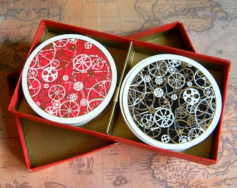 Novelty Steampunk Double Deck of Red & Black Round Playing Cards. Waddington Rondo Gear Embellished Playing Cards. 1960's or 70's. Complete.