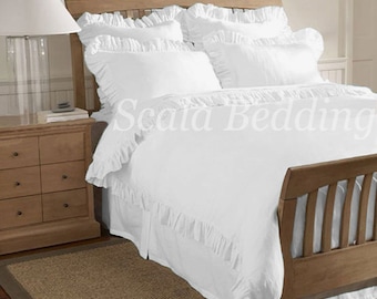 Solid Edge Ruffle Duvet Cover Set 100% Egyptian Cotton Full/Queen White