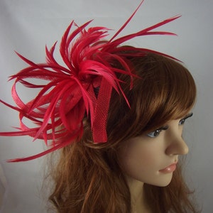 Red Feather Spray Sinamay Comb Fascinator - Occasion Wedding Races