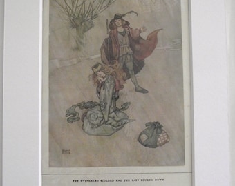 ORIGINAL tipped-in print (Illustration) by William Heath Robinson. 'The Swineherd' 1913.