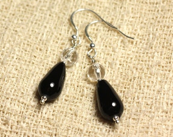 Earrings 925 Silver - Black Onyx drops, 15x8mm and faceted Crystal 6mm