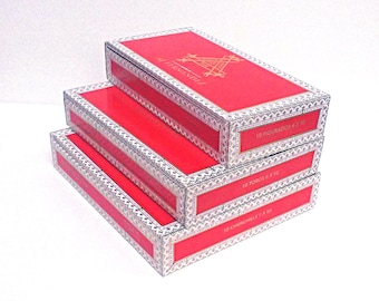 Box, Up-cycled Wood Cigar Box Trio, Pretty Stacked Decor Boxes, Storage Box, Craft Supply, Gift, Jewelry Box, Red Paper on Wood AJ Fernandez