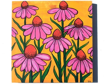 Coneflower Painting - Original Cone Flower Mixed Media Floral Painting by Claudine Intner - Pink Flower Art