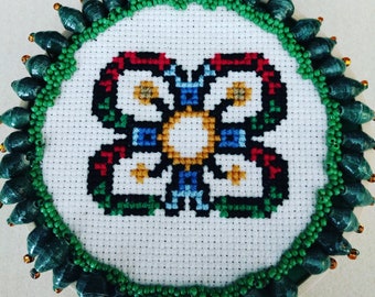 Wall Hanging Ethnic Flower Cross Stitched and Beaded
