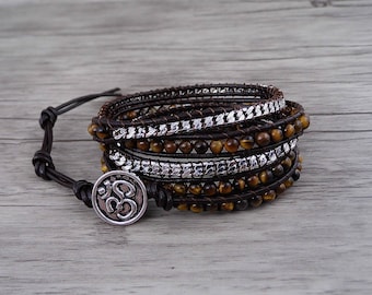 yellow bracelet Tiger eye bracelet Boho waps bracelet gemstone bracelet 5 wraps bracelet chain Bracelet yoga bead leather Bracelet SL-0541
