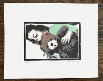 Bedtime Bear Print, 4x6 linocut print, Nursery decor