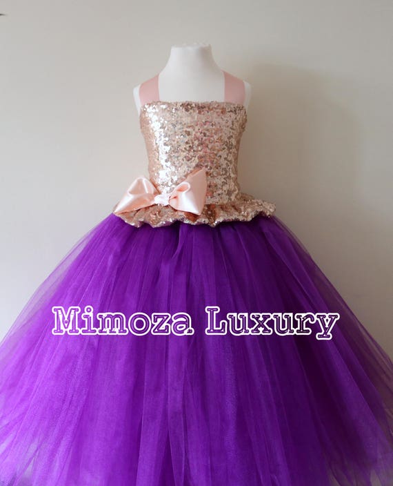 Rose Gold & Purple Flower Girl Dress, rose gold bridesmaid dress, flower girl gown, bespoke girls dress, tulle princess dress, rose gold