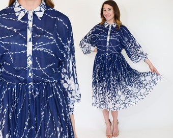 70s Blue Floral Dress | Navy White Print Day Dress, Large