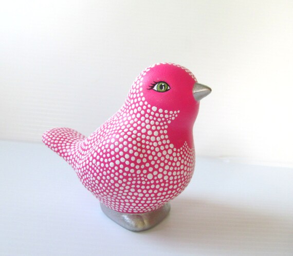 Hot Pink and White Hand painted ceramic Bird