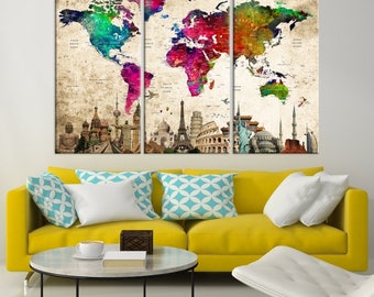 world map canvas world map wall art wonder of world map push pin canvas