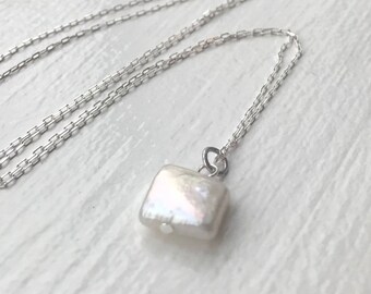 Square pearl necklace, square freshwater pearl pendant, square pearl pendant, freshwater pearl necklace, pearl necklace, silver necklace