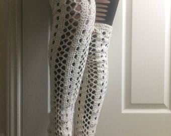 Crochet "Melody" Thigh High Legwarmers. Footless Stockings. READY TO SHIP. Natural cream.Hold Ups holdups. Gift for her