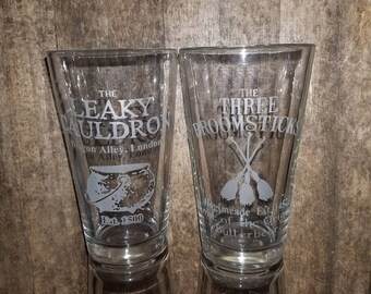The Leaky Cauldron, The Three Broomsticks Harry Potter Inspired pub Diagon Alley, Hogsmeade Home of Butterbeer Etched Pint Glass Set Bundle
