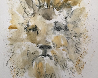 Original pen and ink drawing with watercolor wash "Leo"