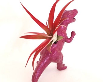 Fushcia Glitter Dinosaur Planter with Red Abdita Air Plant / Valentines Gift / Home Decor / Perfect Gift / Dinosaur Planter