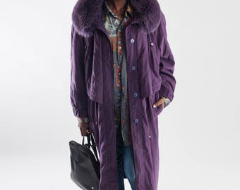Vintage ladies parka with big fur collar / Purple quilted parka / Vintage eskimo parka / Ladies winter coat / Vintage winter coat / Size XL