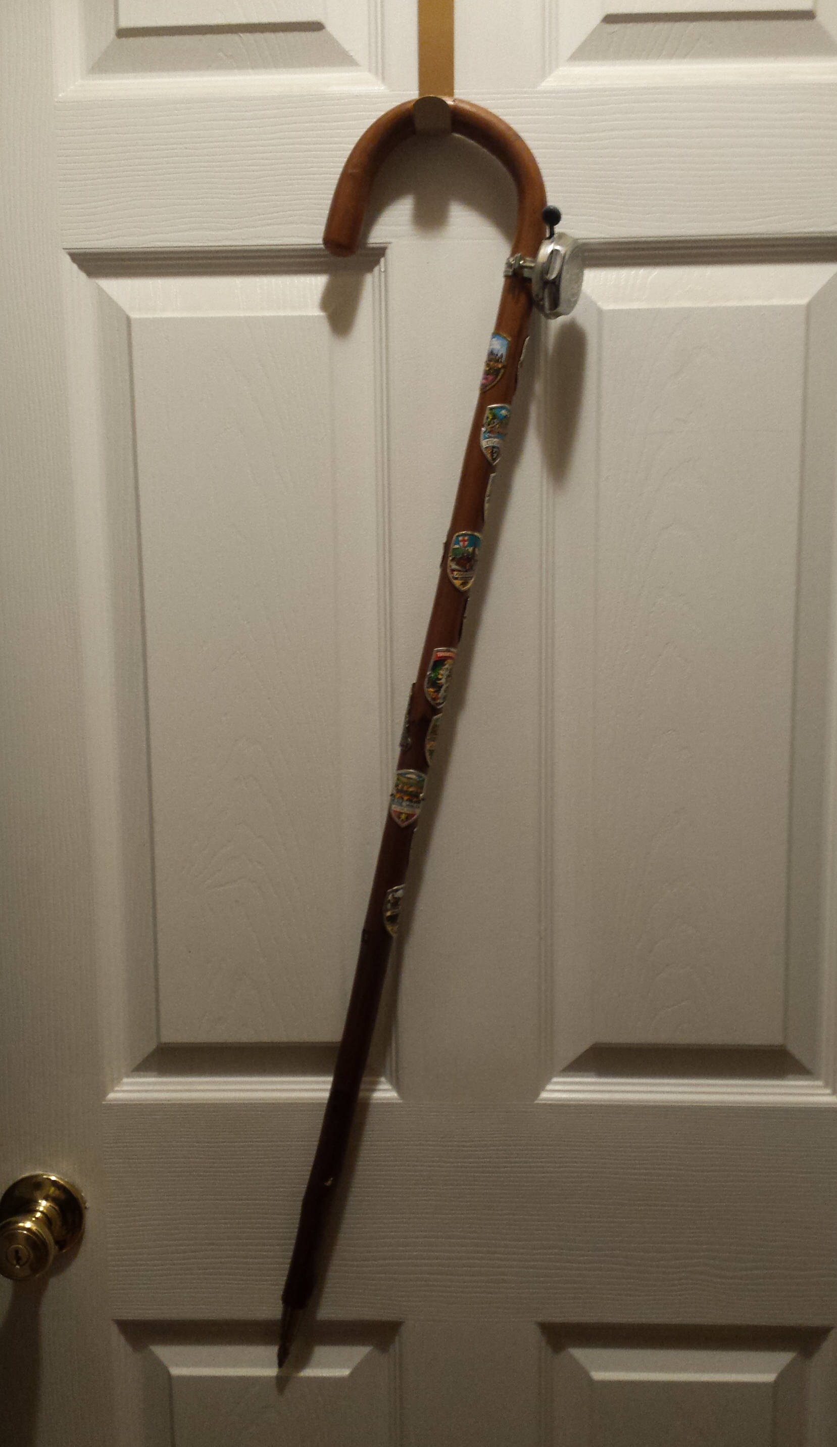 Antique German wooden hiking stick with 13 badges/medallions