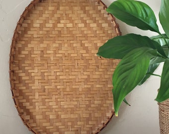 Vintage Oval Woven Rattan Wall Hanging Wicker Basket, Diamond Pattern