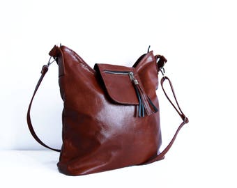 Leather Hobo Bag, Top Zipper Purse, LEATHER SHOULDER BAG, Leather Crossbody Bag, Large Leather Bag Top Zipper Purse Cognac Brown Leather Bag