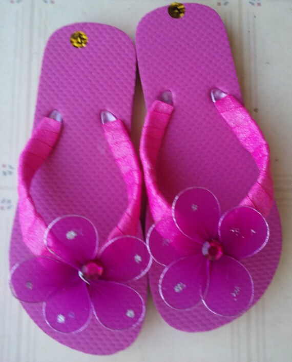 Items similar to Pretty In Pink - Pink Flower and Ribbon Flip Flops ...