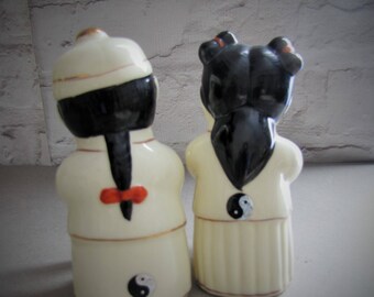 Vintage Chinese Porcelain Figurines Jade Girl Golden Lucky Boy Figurine Pair, Yin Yang, Feng Shui Pair Figurines