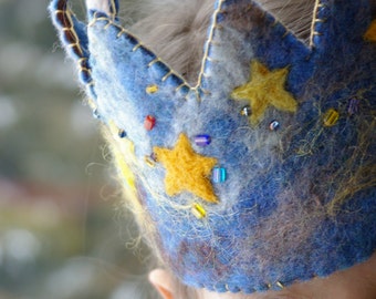 Star Birthday Crown: Waldorf Inspired Wool Felt Crown (Stars and Space Galaxy Design)