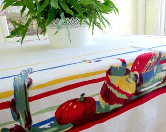 Large Vintage Wilendur Tablecloth w Southwestern Mexican or Spanish Design Sailcloth Tablecloth, 76 x 66 Cactus and Pottery Vintage Linens