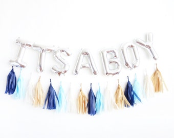 ITS A BOY balloons - silver mylar foil letter balloon - tassel garland set