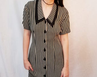 90s Vintage grunge stripe dress. 90s black and tan dress. 90s rayon dress. Button Up dress. Size Medium