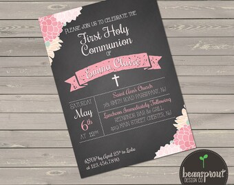 Pink Communion Invitation - First Holy Communion Invitation - 1st Communion Invitation - First Communion Invite - Pink and Gray - Chalkboard