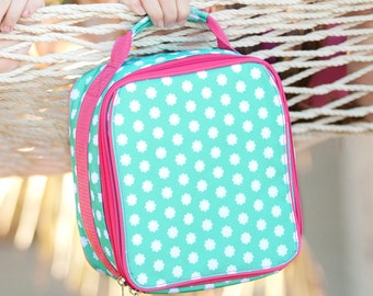 Monogrammed Mint and Hot Pink Hadley Bloom Lunchbox; Great Girl Lunchbox; Back to School