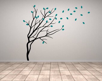 Tree blowing in wind with leafs blowing off tree wall vinyl