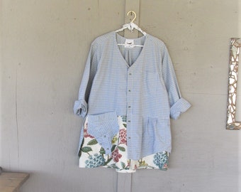 upcycled clothing recycled tunic cotton linen dress smock shirt spring jacket 2 X 3 X Wearable Art sustainable Bohemian LillieNoraDryGoods