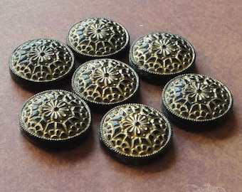 Vintage Glass Cabochons 13 mm Round Black And Gold Deco Design (choose 2 pc or 4 pc)