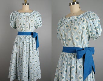 Vintage 1950s Cotton Dress 50s Cotton 2 Piece Peasant Dress Set Size M