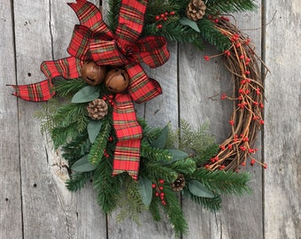 Christmas Wreath for Front Door, Holiday Wreath, Christmas Door Wreath, Artificial Wreath, Christmas Grapevine Wreath, Tartan Wreath, Rustic