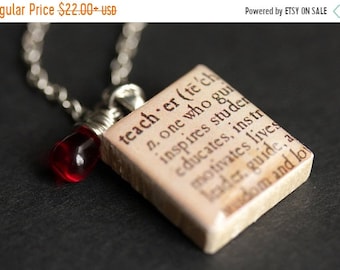 MOTHERS DAY SALE Teacher Necklace. Dictionary Quote Necklace. Scrabble Tile Necklace with Glass Teardrop. Scrabble Pendant. Scrabble Necklac