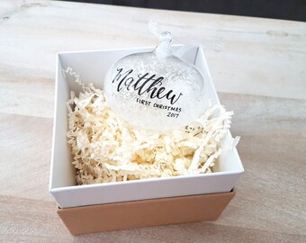 Personalized BABY'S FIRST CHRISTMAS Ornament gift with calligraphy - One (Clear Glass Ornament, snow, white)
