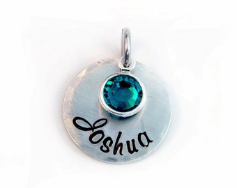 Name Pendant with Birthstone - Script Font - Personalized Charm - Aluminum Pendant - Name Charm - Hand Stamped